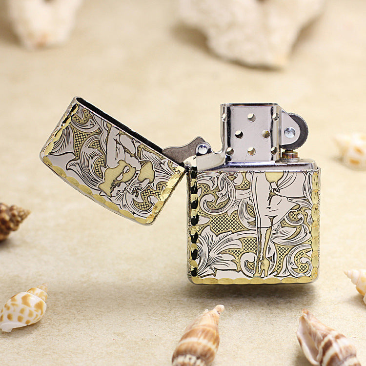 Zippo Two Finish Intricate Engraved Arabesque Pin-Up Maiden in the Wind - SC07