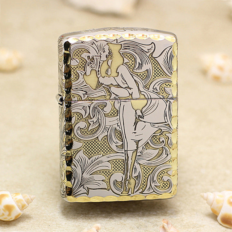 Zippo Two Finish Intricate Engraved Arabesque Pin-Up Maiden in the Wind - SC07