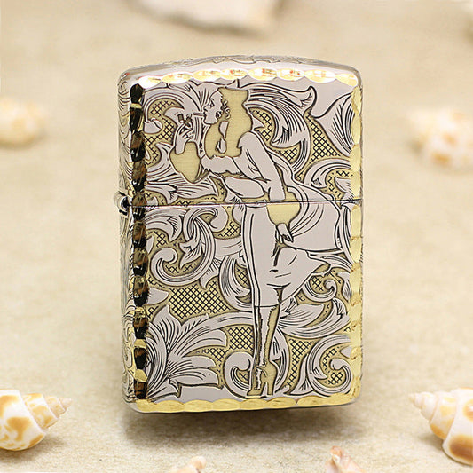 Zippo Two Finish Intricate Engraved Arabesque Pin-Up Maiden in the Wind - SC07