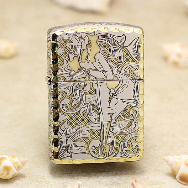 Zippo Two Finish Intricate Engraved Arabesque Pin-Up Maiden in the Wind - SC07
