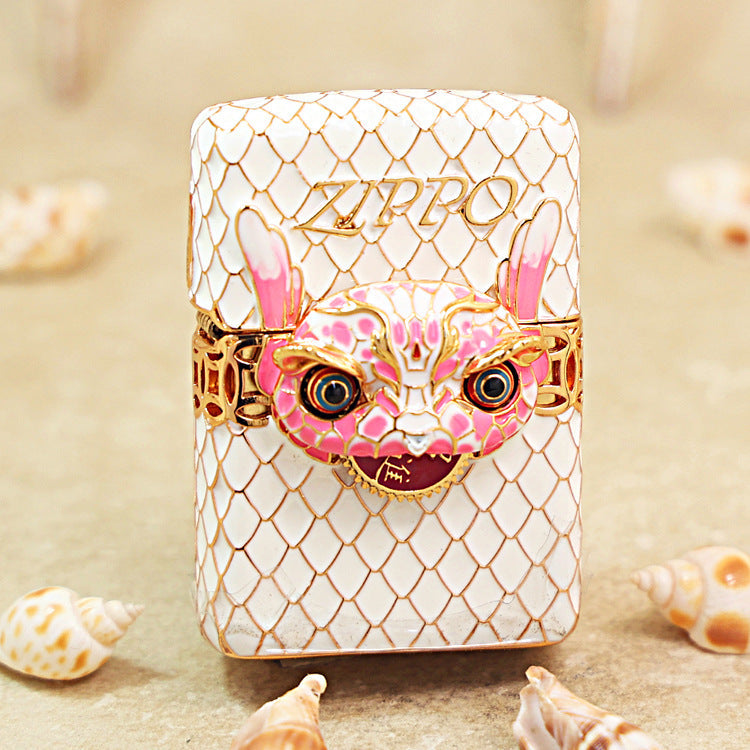 Zippo White Scale Enamel Case Bundle Pink Serpent Head - CM01