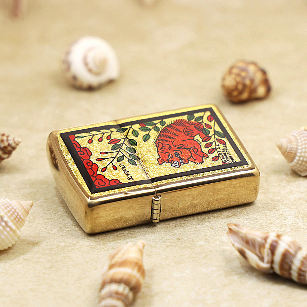 Zippo Wild Boar & Bush Clover Gold Plate - Animal Collection - JP58