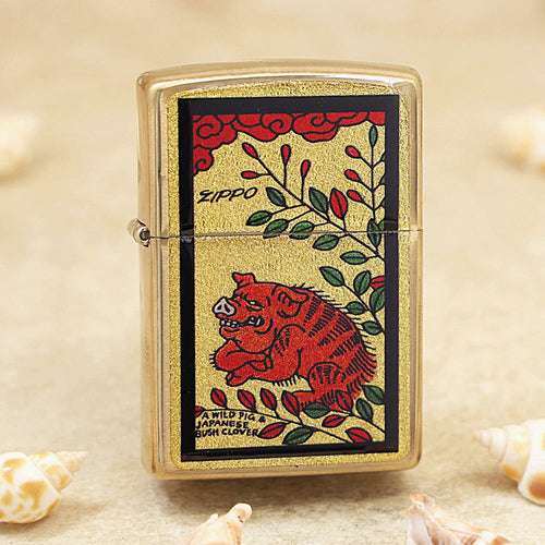 Zippo Wild Boar & Bush Clover Gold Plate - Animal Collection - JP58
