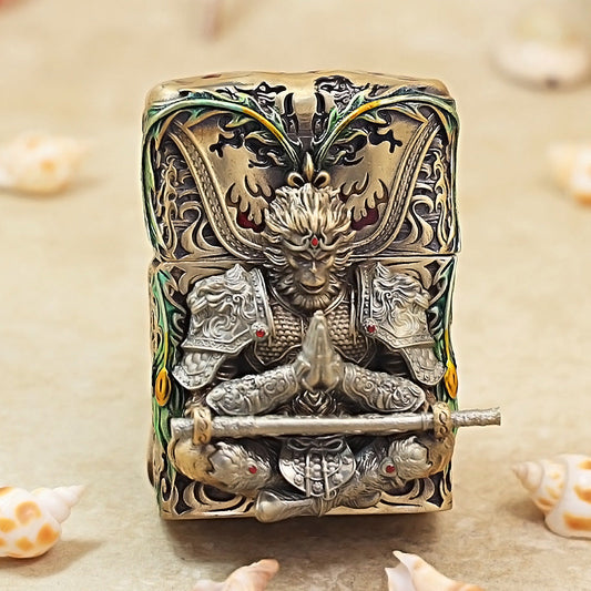 Zippo Vintage Bronze Luminous Sun Wukong Fighting Shakyamuni Case Case - CM92