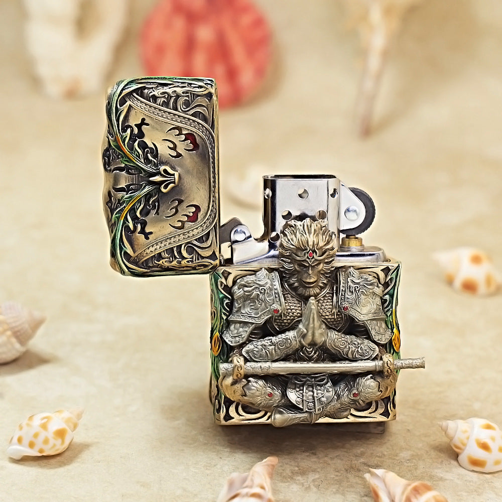 Zippo Vintage Bronze Luminous Sun Wukong Fighting Shakyamuni Case Case - CM92