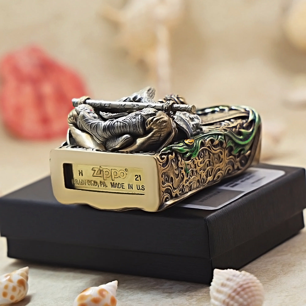 Zippo Vintage Bronze Luminous Sun Wukong Fighting Shakyamuni Case Case - CM92
