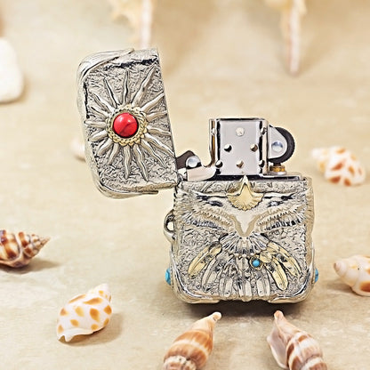 Zippo Vintage Argent Case Blazing Sun Eagle with Crimson Turquoise Case - CM94