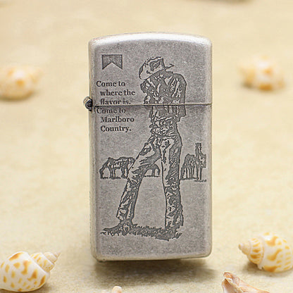 Zippo Antique Silver Slim Marlboro Cowboy Lighter - MC20