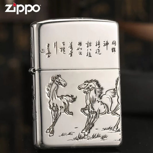 Zippo Armor Sterling Silver "Eight Horses" Lighter – 5-Side Deep Carved Limited Edition