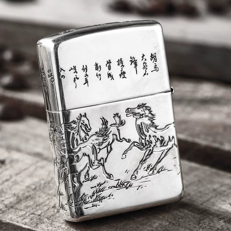 Zippo Armor Sterling Silver "Eight Horses" Lighter – 5-Side Deep Carved Limited Edition