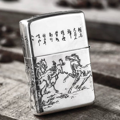 Zippo Armor Sterling Silver "Eight Horses" Lighter – 5-Side Deep Carved Limited Edition