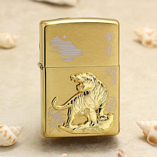 Zippo Textured Gold Tiger and Bamboo Medallion Flame - DS178