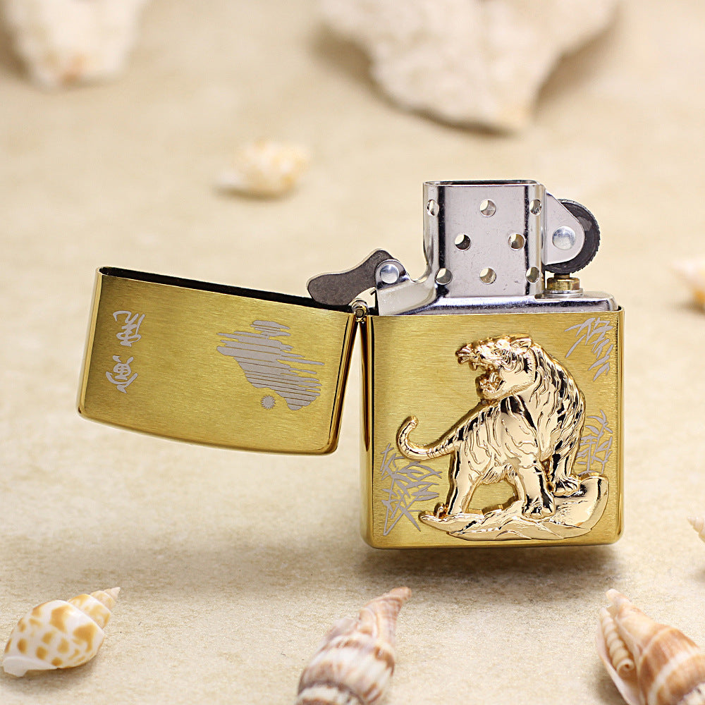 Zippo Textured Gold Tiger and Bamboo Medallion Flame - DS178