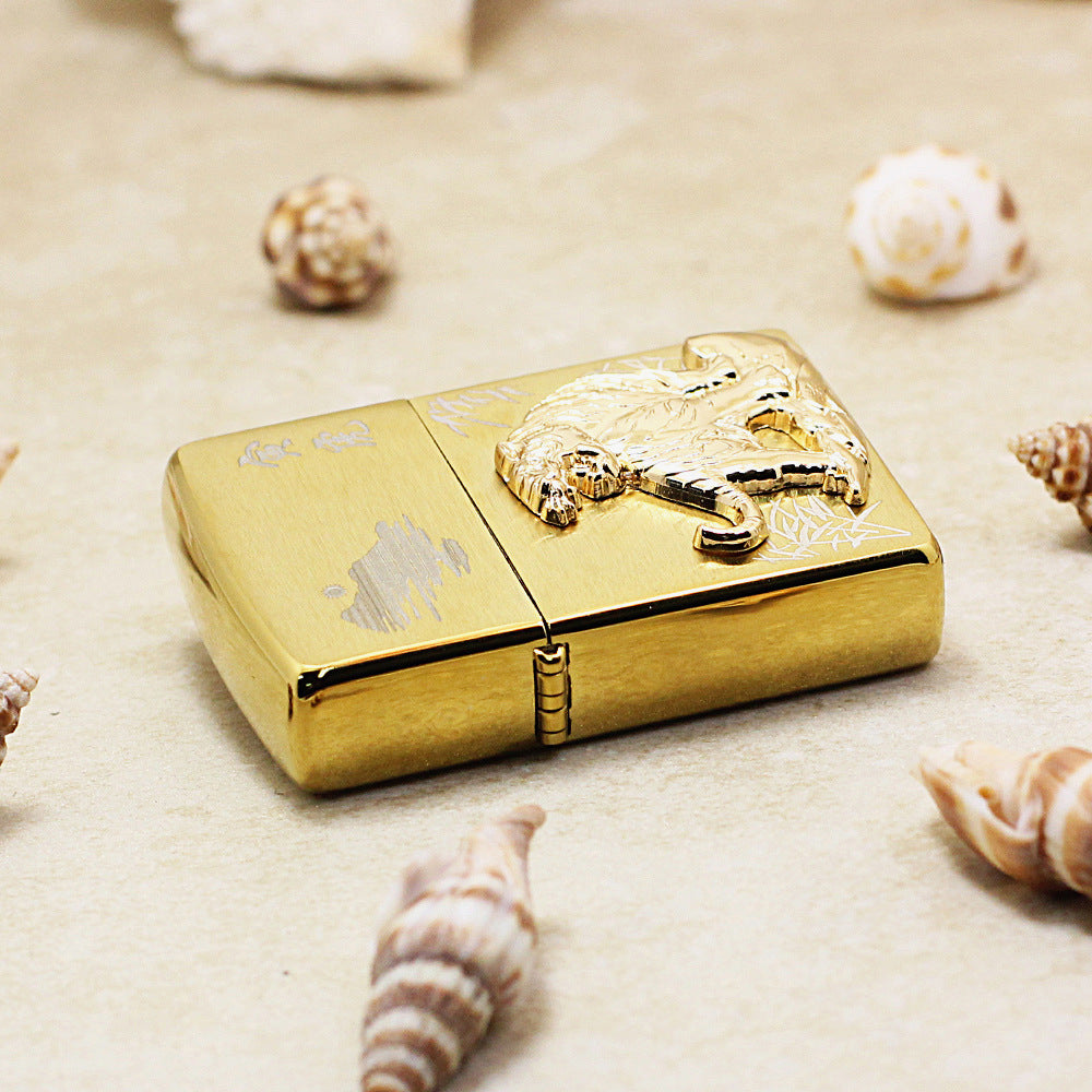 Zippo Textured Gold Tiger and Bamboo Medallion Flame - DS178