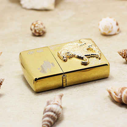 Zippo Textured Gold Tiger and Bamboo Medallion Flame - DS178