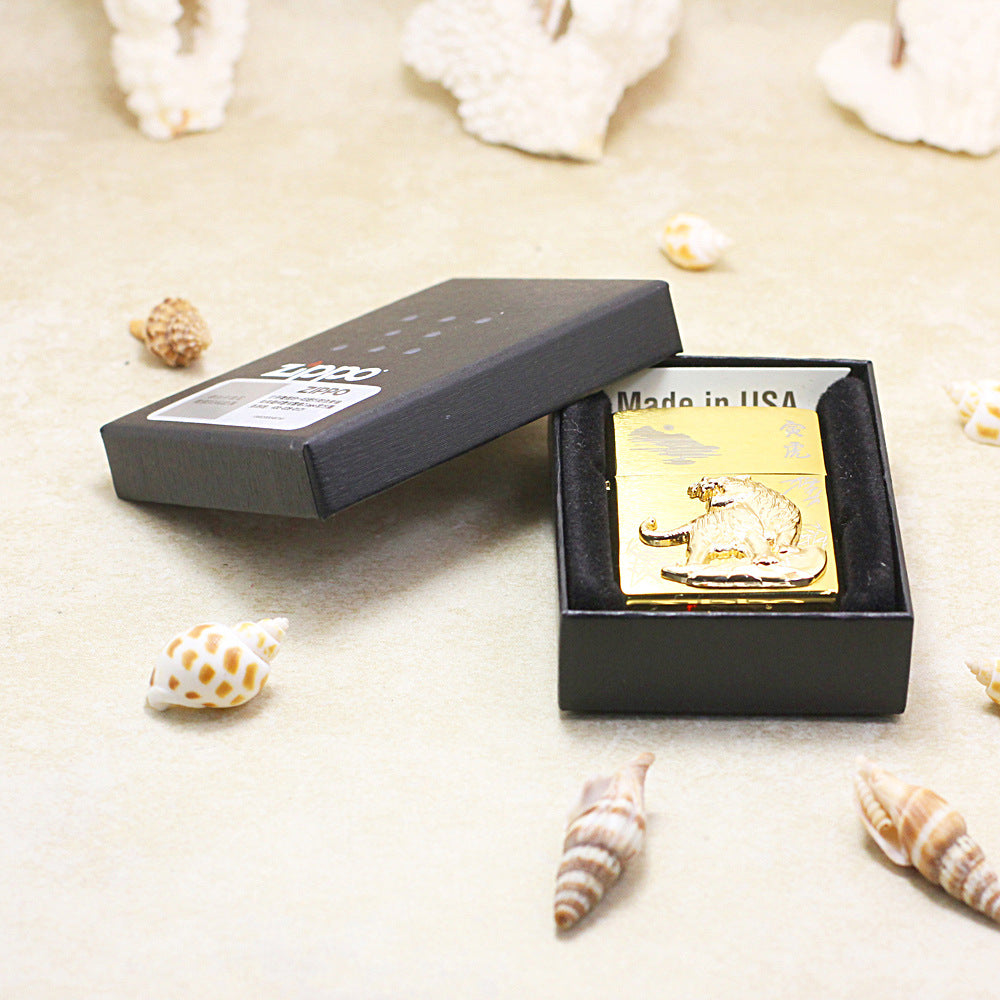 Zippo Textured Gold Tiger and Bamboo Medallion Flame - DS178