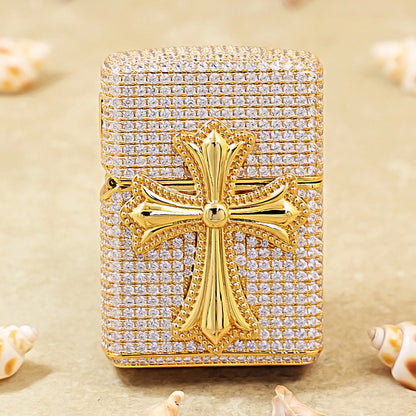 Zippo Gold Complete Crystal Pavé Gothic Crucifix Medallion Case Flame - CM112