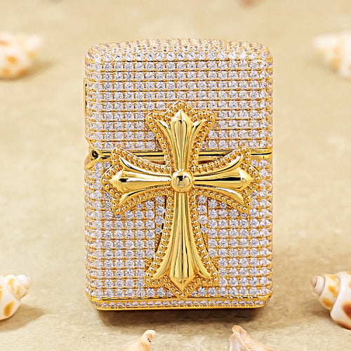 Zippo Gold Complete Crystal Pavé Gothic Crucifix Medallion Case Flame - CM112