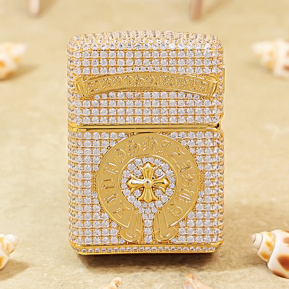 Zippo Gold Complete Crystal Pavé Gothic Crucifix Medallion Case Flame - CM112
