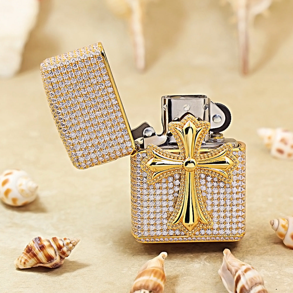 Zippo Gold Complete Crystal Pavé Gothic Crucifix Medallion Case Flame - CM112