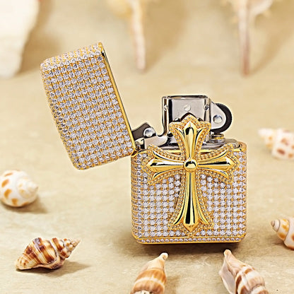 Zippo Gold Complete Crystal Pavé Gothic Crucifix Medallion Case Flame - CM112