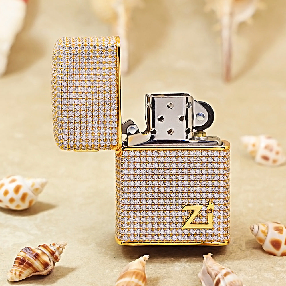 Zippo Gold Complete Crystal Pavé "Zi" Medallion Case Flame - CM103