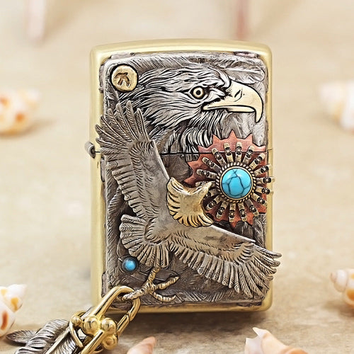 Zippo Premium-Shine Bronze Blue Turquoise Eagle Sun Medallion Flame - DS172