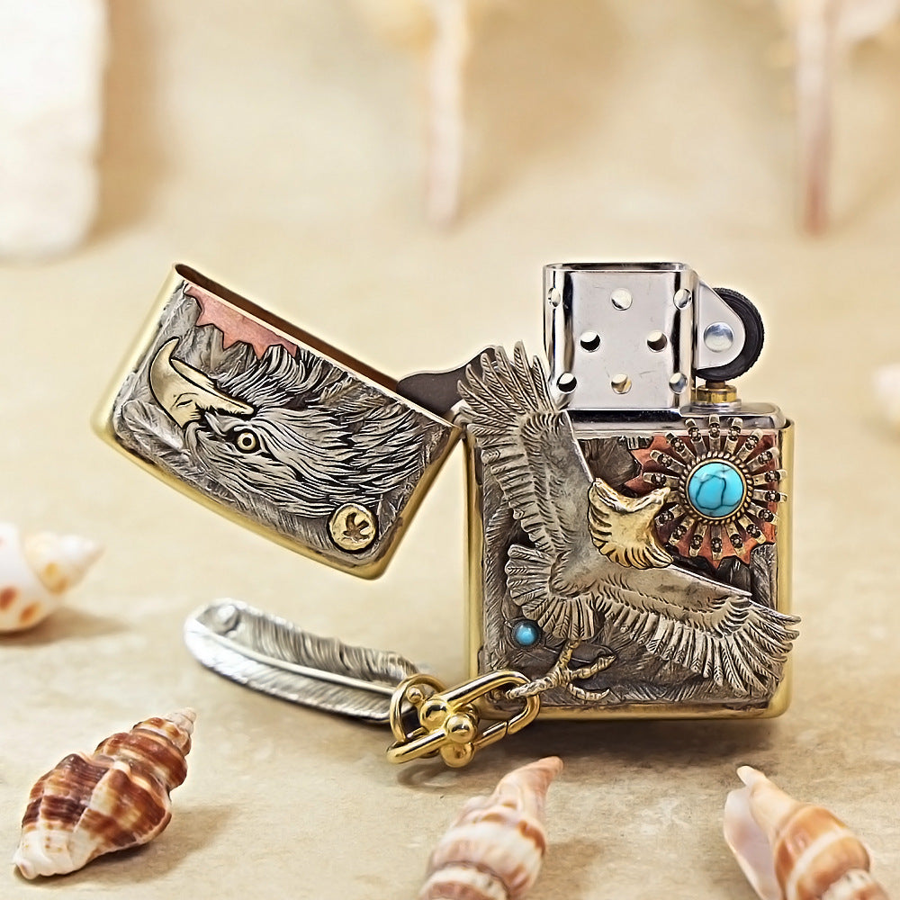 Zippo Premium-Shine Bronze Blue Turquoise Eagle Sun Medallion Flame - DS172