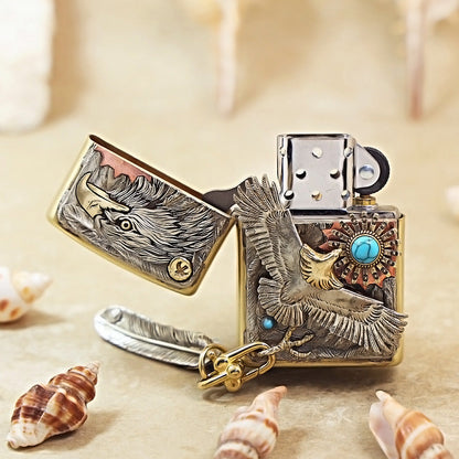 Zippo Premium-Shine Bronze Blue Turquoise Eagle Sun Medallion Flame - DS172