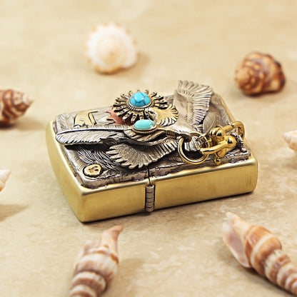 Zippo Premium-Shine Bronze Blue Turquoise Eagle Sun Medallion Flame - DS172