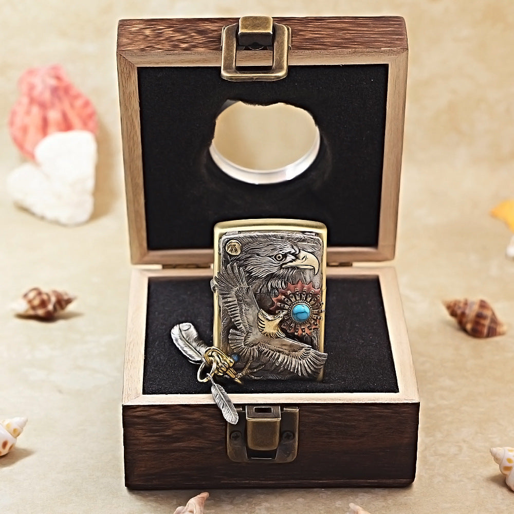 Zippo Premium-Shine Bronze Blue Turquoise Eagle Sun Medallion Flame - DS172