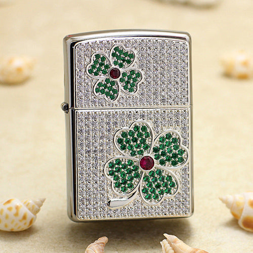 Zippo Premium-Shine Steel Complete Crystal Four-Leaf Clover Medallion Flame - DS181