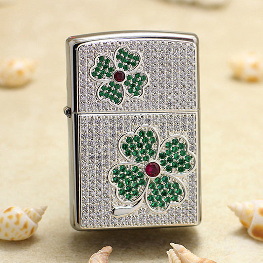 Zippo Premium-Shine Steel Complete Crystal Four-Leaf Clover Medallion Flame - DS181