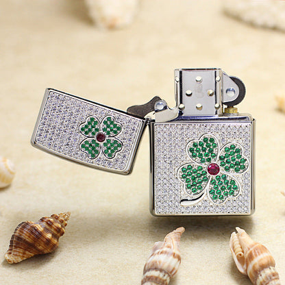 Zippo Premium-Shine Steel Complete Crystal Four-Leaf Clover Medallion Flame - DS181