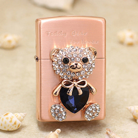 Zippo Rose Gold Teddy Bear for Lover Crystal Heart Medallion Flame - DS175