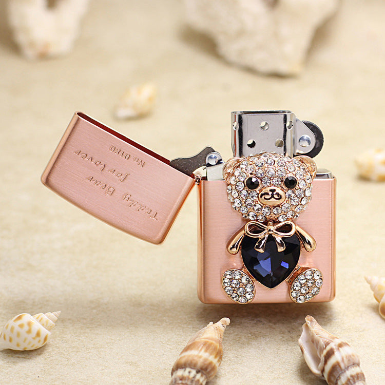 Zippo Rose Gold Teddy Bear for Lover Crystal Heart Medallion Flame - DS175