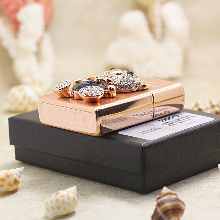 Zippo Rose Gold Teddy Bear for Lover Crystal Heart Medallion Flame - DS175