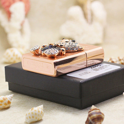 Zippo Rose Gold Teddy Bear for Lover Crystal Heart Medallion Flame - DS175