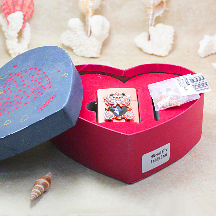 Zippo Rose Gold Teddy Bear for Lover Crystal Heart Medallion Flame - DS175