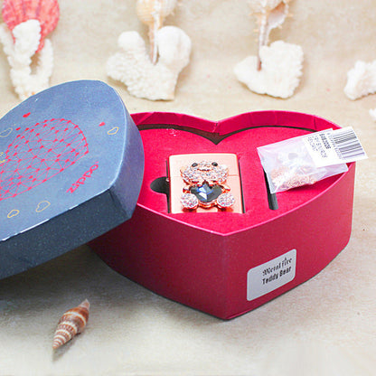 Zippo Rose Gold Teddy Bear for Lover Crystal Heart Medallion Flame - DS175