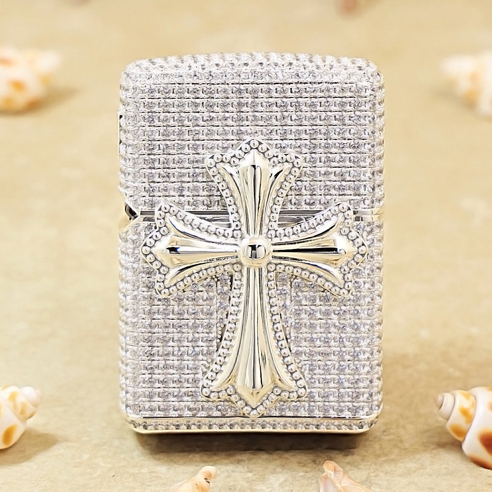 Zippo Argent Complete Crystal Pavé Gothic Crucifix Medallion Case Flame - CM111