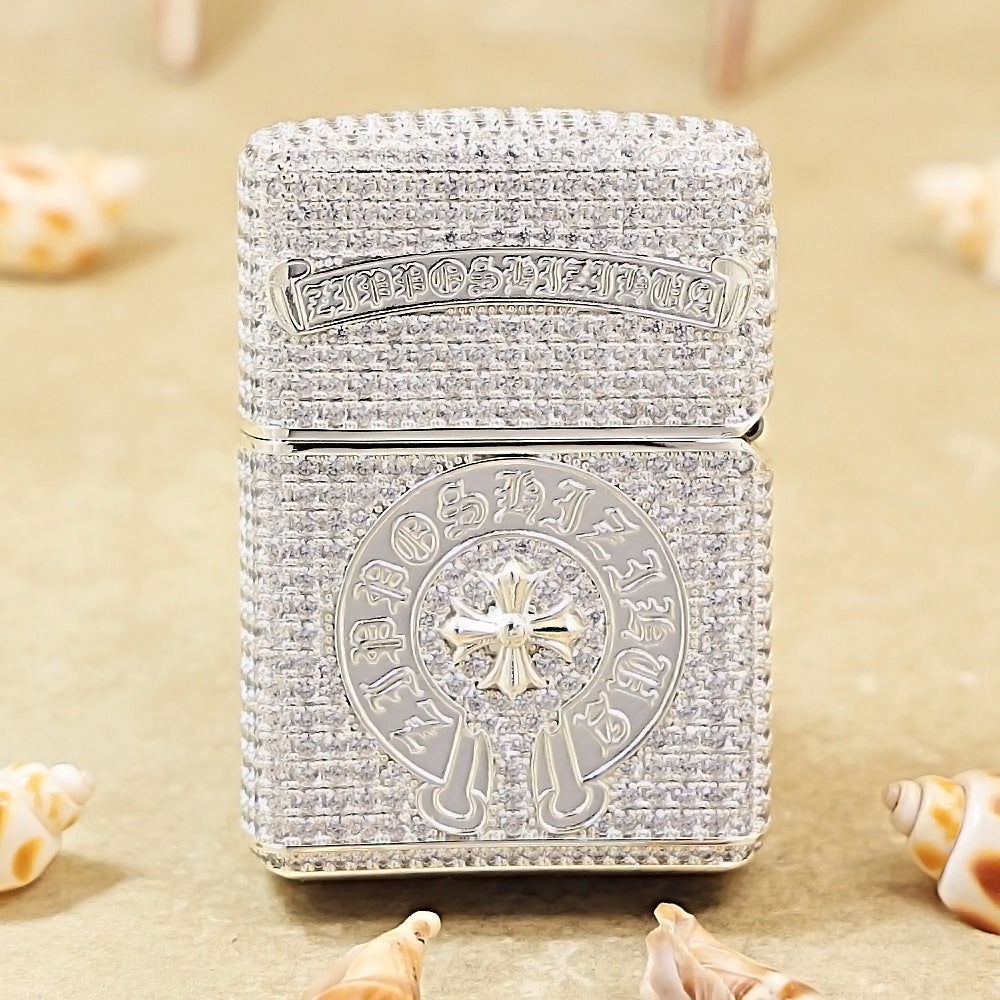 Zippo Argent Complete Crystal Pavé Gothic Crucifix Medallion Case Flame - CM111