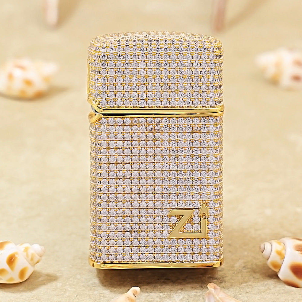 Zippo Slim Gold Complete Crystal Pavé "Zi" Medallion Case Flame - CM100