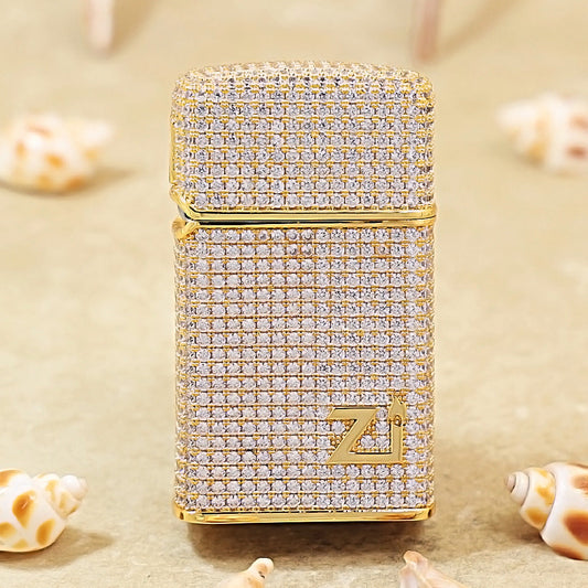 Zippo Slim Gold Complete Crystal Pavé "Zi" Medallion Case Flame - CM100