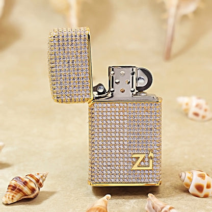 Zippo Slim Gold Complete Crystal Pavé "Zi" Medallion Case Flame - CM100