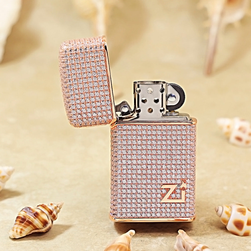 Zippo Slim Rose Gold Complete Crystal Pavé "Zi" Medallion Case Flame - CM104