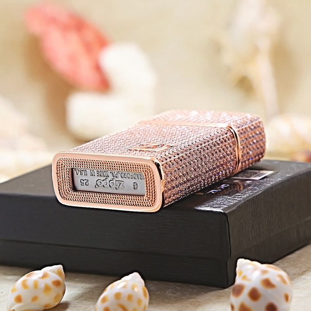Zippo Slim Rose Gold Complete Crystal Pavé "Zi" Medallion Case Flame - CM104