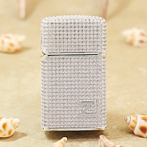 Zippo Slim Argent Complete Crystal Pavé "Zi" Medallion Case Flame - CM105