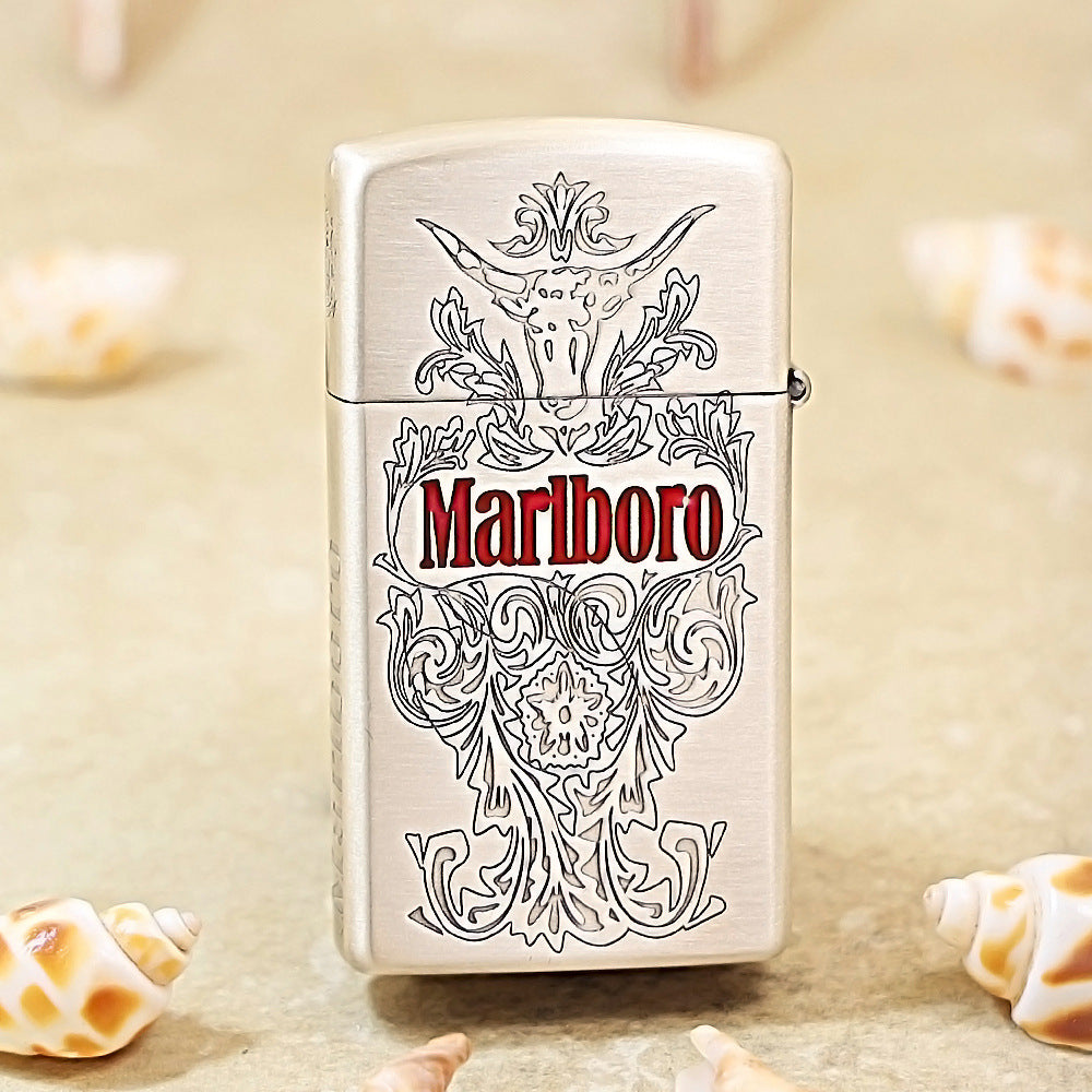 Zippo Smoked Silver Double-Sided Marlboro Bull Head Slim Lighter - MC17
