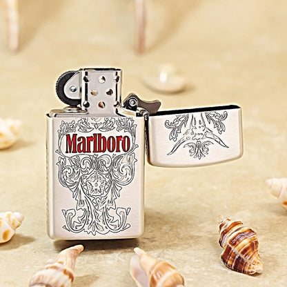 Zippo Smoked Silver Double-Sided Marlboro Bull Head Slim Lighter - MC17